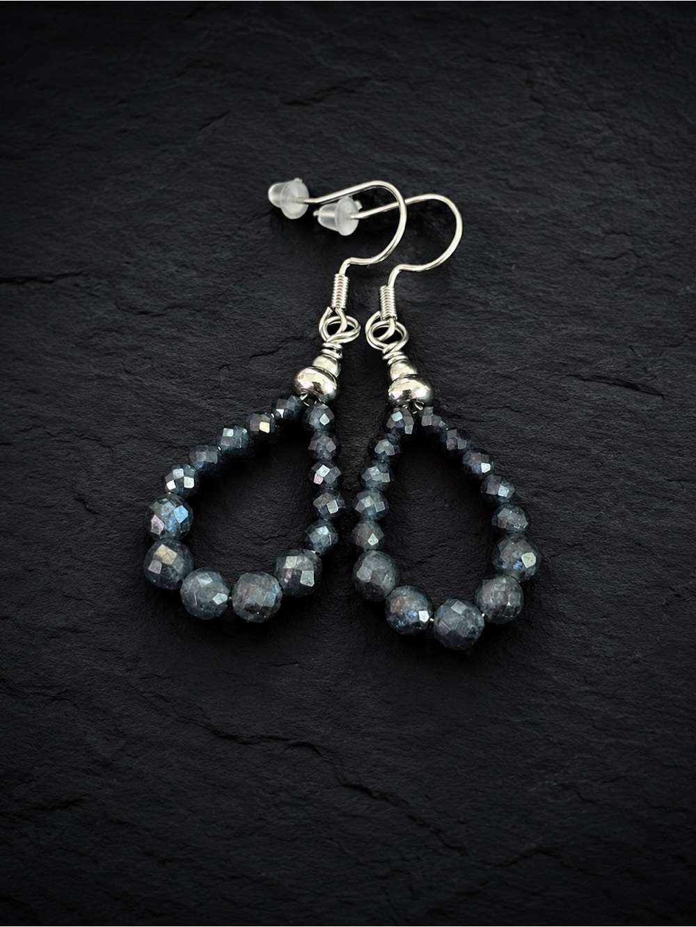 Handcrafted Sapphire Quartz gemstone teardrop hoop earrings in stainless steel